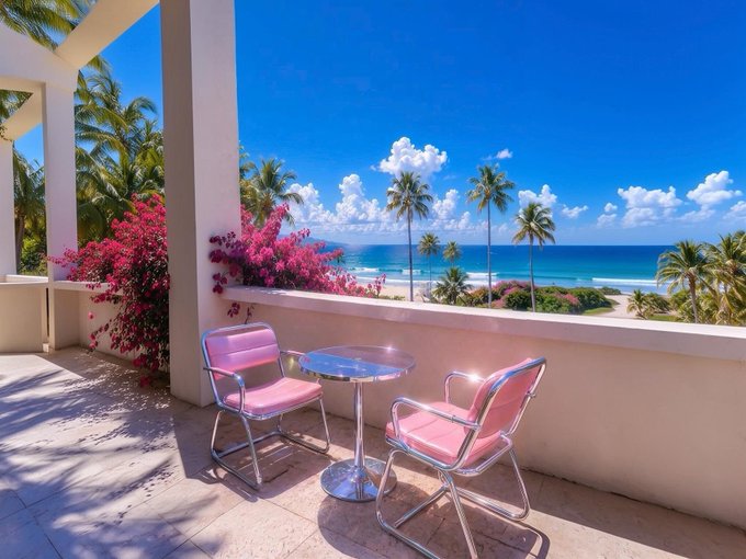 A scenic oceanfront balcony with pink chairs and table, overlooking a tropical beach with palm trees and turquoise water.