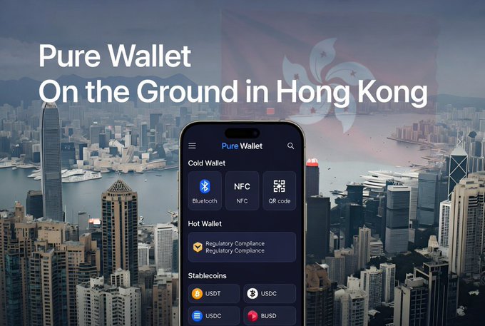 An advertisement for 'Pure Wallet On the Ground in Hong Kong' showing a smartphone app interface with Cold Wallet (Bluetooth, NFC, QR code), Hot Wallet, and Stablecoins (USDT, USDC, BUSD) options, set against a Hong Kong cityscape.