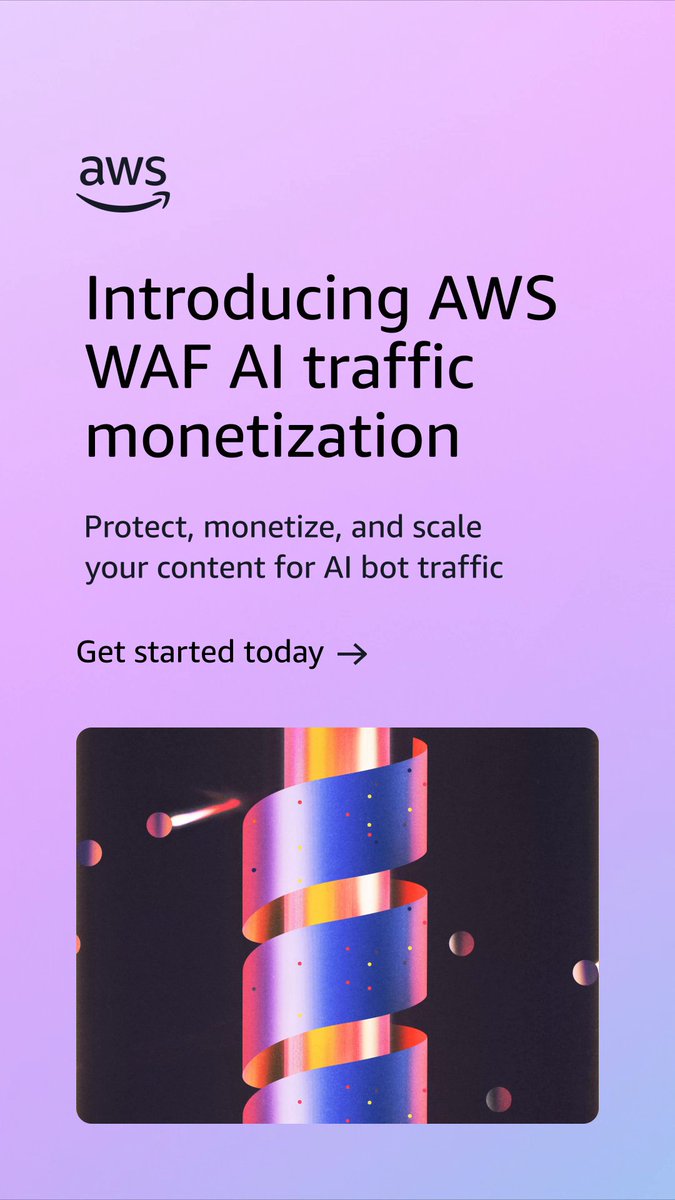 The image features a purple background with white text that reads "Introducing AWS WAF AI traffic monetization". The text also includes an image of a spiral staircase, which appears to be a part of a promotional poster for a product or service related to the topic of the image.