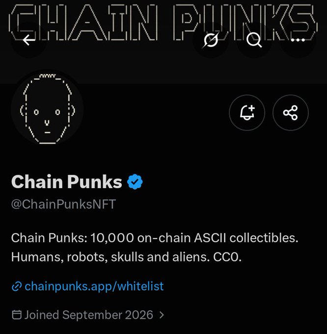 A Twitter/X profile for 'Chain Punks' (@ChainPunksNFT) featuring an ASCII art face, describing itself as '10,000 on-chain ASCII collectibles. Humans, robots, skulls and aliens. CC0.' with a link to chainpunks.app/whitelist.