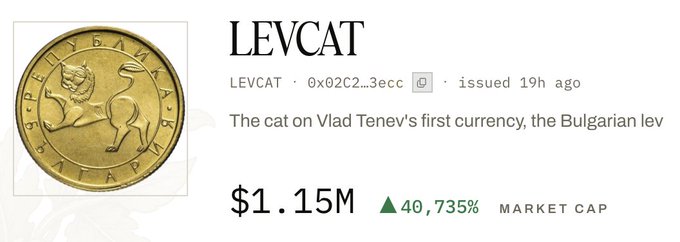A cryptocurrency listing for 'LEVCAT' showing a golden coin featuring a lion, with text 'The cat on Vlad Tenev's first currency, the Bulgarian lev' and a market cap of $1.15M with a 40,735% increase.
