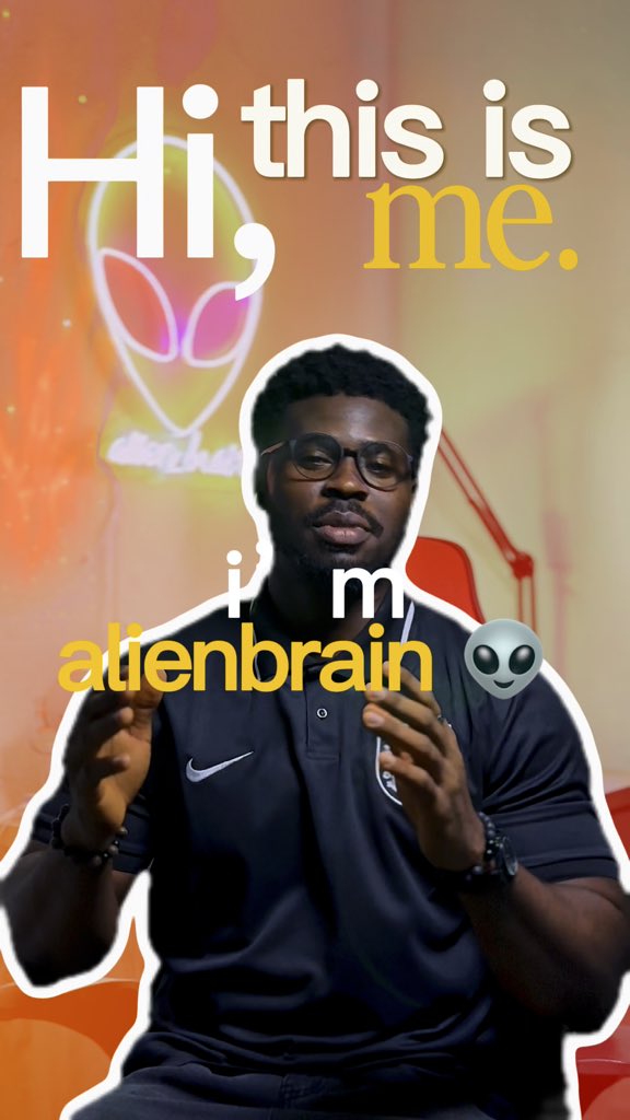 A promotional graphic featuring a man in a black Nike shirt with text reading 'Hi, this is me. i'm alienbrain' alongside an alien emoji, with an alien logo in the background.