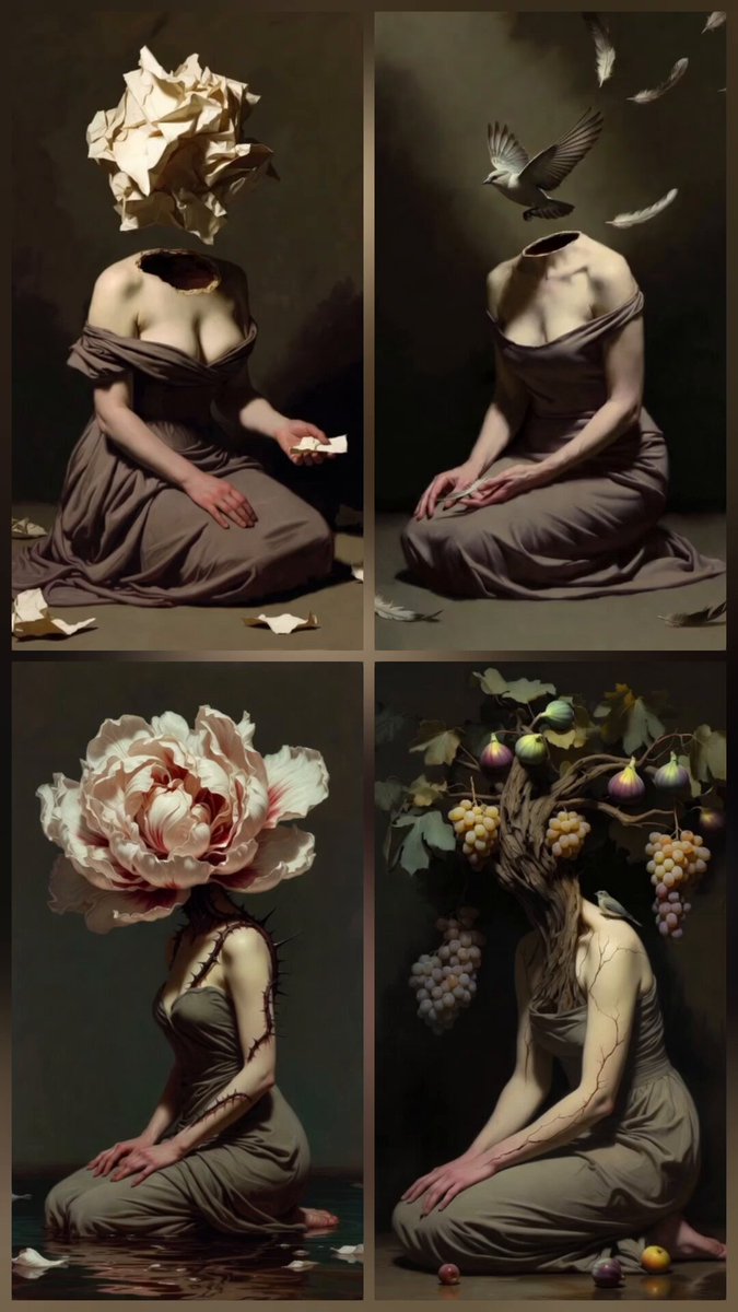 The image features four paintings depicting women with unique headpieces, each representing a different element of becoming - transformation, resilience, freedom, and growth. The paintings are arranged in a square format, showcasing the diversity and depth of these themes. Each painting is accompanied by text that provides context about the artwork and its significance within the broader context of the post.
