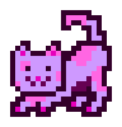 A pixel art sprite of a smiling pink and purple cat with a curly tail.