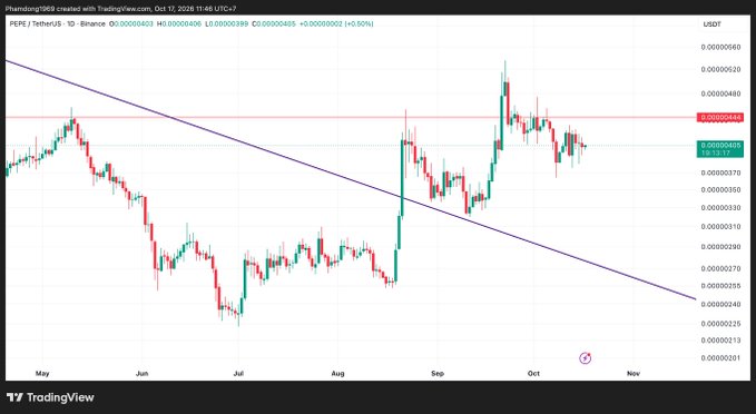 A candlestick chart from TradingView showing the price movement of PEPE/TetherUS on Binance, with a downward trending trendline and horizontal resistance levels marked.
