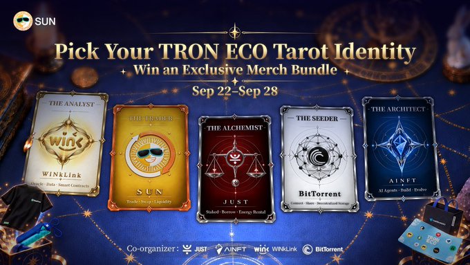 A tarot-themed promotional graphic titled "Pick Your TRON ECO Tarot Identity" showcases five mystical cards representing projects WinkLink (The Analyst), SUN (The Trader), JUST (The Alchemist), BitTorrent (The Seeder), and AINFT (The Architect), with the campaign running from Sep 22–Sep 28 and co-organized by JUST, AINFT, WinkLink, and BitTorrent. The image directly visualizes the "TRON ECO MOON TAROT" event described in the post, inviting participants to choose a tarot identity tied to a TRON ecosystem project for a chance to win exclusive merch prizes.