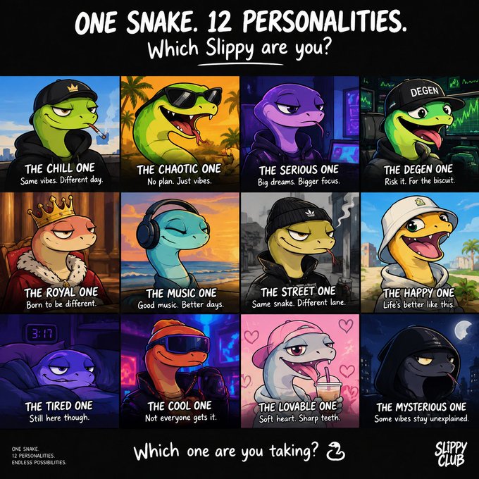 A "Slippy Club" promotional graphic titled "ONE SNAKE. 12 PERSONALITIES. Which Slippy are you?" showcasing a 3x4 grid of twelve cartoon snake characters, each with a distinct personality type and tagline—including The Chill One ("Same vibes. Different day."), The Chaotic One ("No plan. Just vibes."), The Serious One ("Big dreams. Bigger focus."), The Degen One ("Risk it. For the biscuit."), The Royal One ("Born to be different."), The Music One ("Good music. Better days."), The Street One ("Same snake. Different lane."), The Happy One ("Life's better like this."), The Tired One ("Still here though."), The Cool One ("Not everyone gets it."), The Lovable One ("Soft heart. Sharp teeth."), and The Mysterious One ("Some vibes stay unexplained.")—with the prompt "Which one are you taking?" at the bottom, directly illustrating the