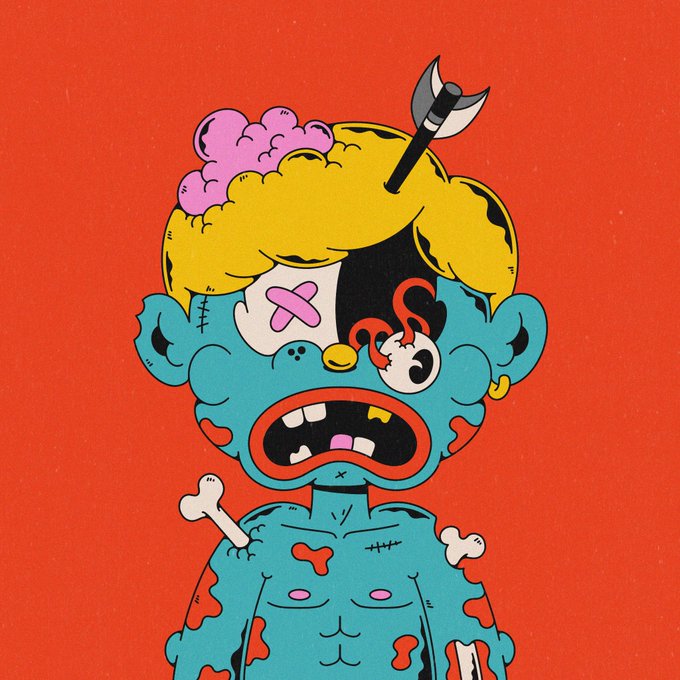A cartoon illustration of a zombie-like character with exposed brain, an eyepatch, a bandage on its forehead, and a hatchet sticking out of its head, with a bone protruding from its shoulder against a red background.