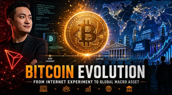 A dramatic graphic titled 'BITCOIN EVOLUTION: FROM INTERNET EXPERIMENT TO GLOBAL MACRO ASSET' featuring Justin Sun, a glowing Bitcoin coin, and imagery of Wall Street, with timeline markers for '2009 EXPERIMENT', 'ADOPTION', and 'GLOBAL ASSET'.