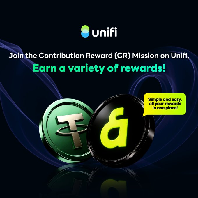 Promotional graphic for Unifi featuring the Tether (USDT) and Kaia (KAIA) crypto tokens alongside text inviting users to "Join the Contribution Reward (CR) Mission on Unifi, Earn a variety of rewards!" with a tagline noting "Simple and easy, all your rewards in one place!" The image visually reinforces the post by showcasing the KAIA token that participants can earn as part of the Special Contribution Reward program.