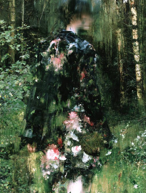 An impressionistic painting of a figure in a forest setting, with motion blur effects creating streaks of green foliage and floral patterns on their clothing.