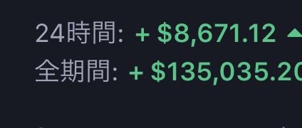 A screenshot showing impressive crypto trading gains: "+ $8,671.12" in 24 hours and "+ $135,035.20" over all-time (全期間 means "total period" in Japanese). The profits align with the post celebrating massive returns from HYPE-related trades on Hyperliquid, with the user highlighting spot trading as their strongest performance.