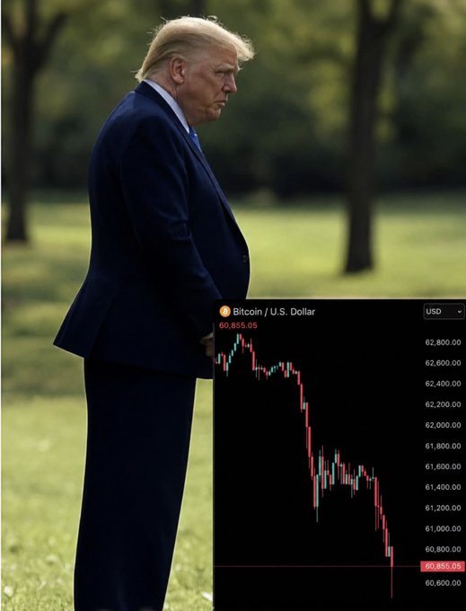Former President Donald Trump stands in a suit on a grassy area, looking downward next to a Bitcoin/U.S. Dollar chart displaying BTC at $60,855.05 with a sharp downward trendline. The image visually ties Trump's "crypto president" moniker to Bitcoin's recent price decline.
