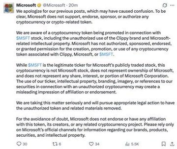 A Microsoft social media post clarifying that it does not support, endorse, or authorize any cryptocurrency or crypto-related token, specifically addressing 'SMMF' and 'Clippy'.