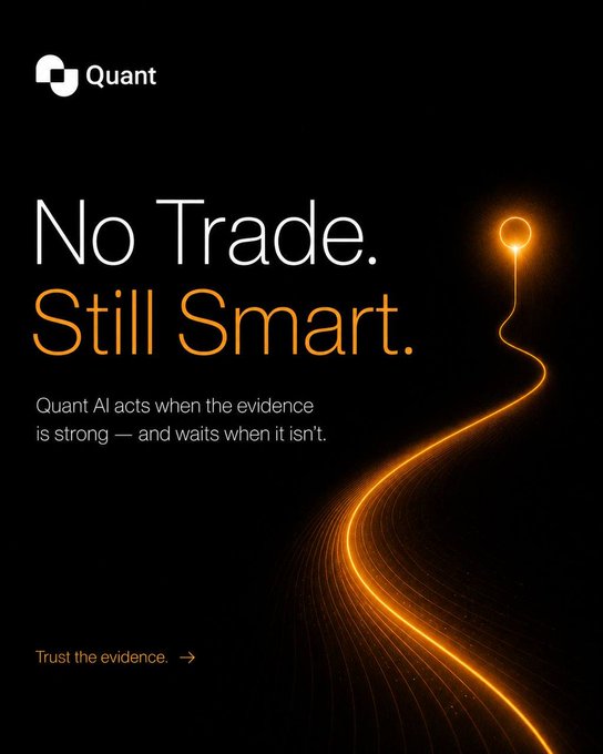A minimalist black advertisement for 'Quant' AI with the headline 'No Trade. Still Smart.' in white and orange text, featuring a glowing orange lightbulb connected to a curving line of light, with the tagline 'Trust the evidence.'
