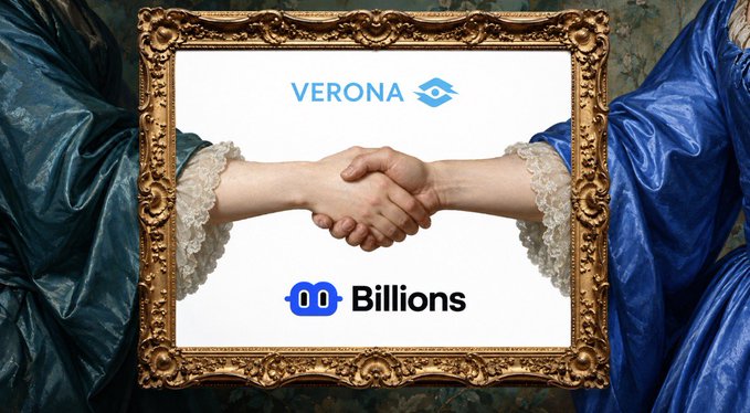 A classical painting-style image showing two people in royal blue garments shaking hands within an ornate golden frame, with text 'VERONA' and '00 Billions' overlaid.