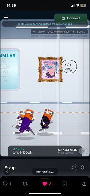 A mobile screenshot of the monorail.xyz app showing a swap interface with 927.43 MON, cartoon characters running below a framed image captioned 'I'M busy,' and status text 'Receiving quotes from exchanges.'