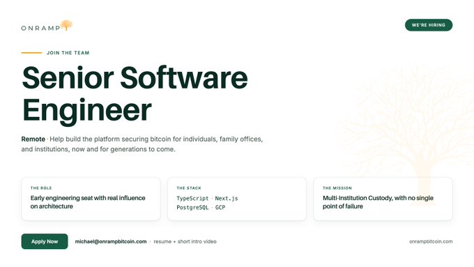 Job listing for a 'Senior Software Engineer' remote position at Onramp, building a bitcoin custody platform using TypeScript, Next.js, PostgreSQL, and GCP.