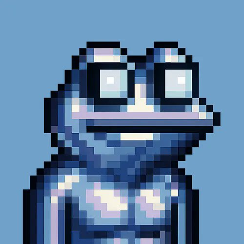 A pixel art illustration of a blue frog or toad character with large eyes, depicted in a retro video game style against a light blue background.