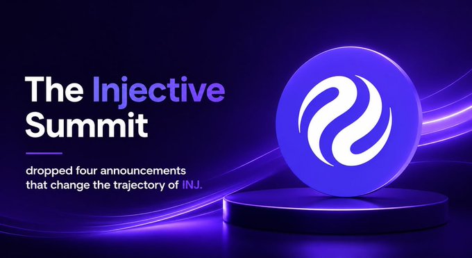 A promotional graphic for 'The Injective Summit' featuring a purple circular logo with a stylized wave design, alongside text reading 'dropped four announcements that change the trajectory of INJ.'