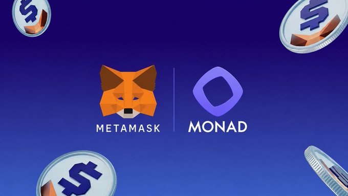 A graphic showing the MetaMask and Monad logos side by side against a purple background, surrounded by floating coins, illustrating the exclusive alliance between the two platforms mentioned in the post.