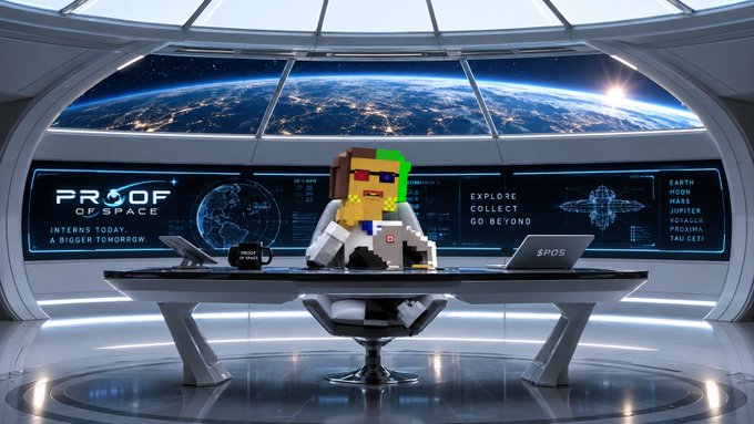 A Minecraft-style block character sits at a futuristic command desk labeled 'PROOF OF SPACE' with Earth visible through the window behind, displaying text 'EXPLORE COLLECT GO BEYOND' and a planet menu.