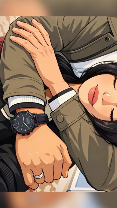 An anime-style illustration of a sleeping woman resting her head on a man's arm, with a black smartwatch visible on his wrist.