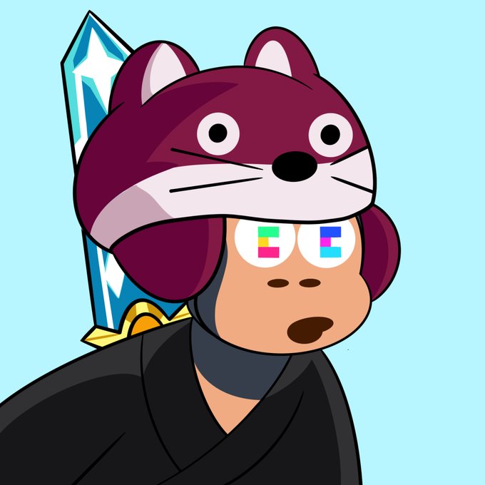 A cartoon illustration of a dog wearing a purple cat/bear hat with a sword behind it, featuring pixel-art letters 'F' and 'E' as eyes.