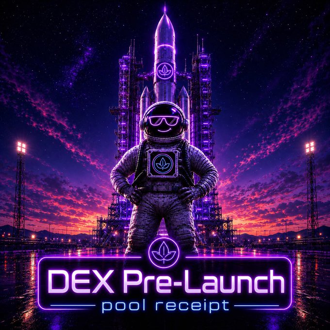 A neon-purple promotional graphic featuring an astronaut in front of a rocket launch pad, with text reading 'DEX Pre-Launch pool receipt'.