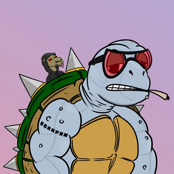A cartoon illustration of a muscular, smoking turtle character wearing sunglasses and a spiked shell with '#BROFAM' on its arm, while a small monkey sits on the shell.