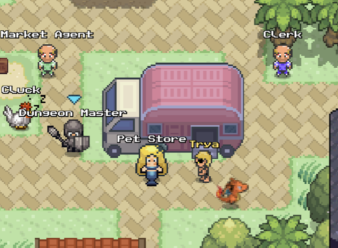 A pixel-art RPG game screenshot showing various NPC characters including 'Market Agent', 'Clerk', 'Gluck', 'Dungeon Master', and 'Trya' standing near a pink 'Pet Store' truck in a town setting.