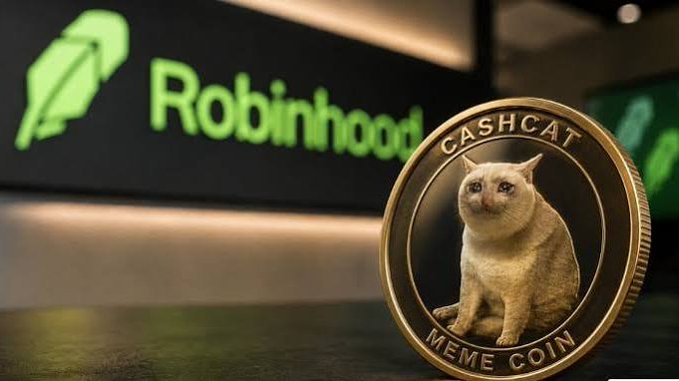 A golden 'Cashcat Meme Coin' featuring a cat illustration in the foreground, with a blurred green Robinhood logo in the background.