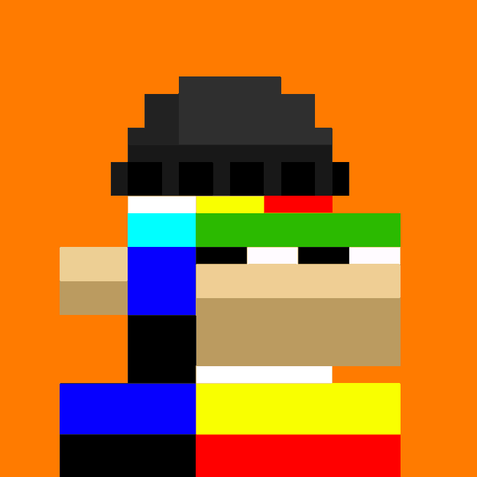 A pixel art style portrait of a character with a black hat and tan face composed of colorful blocks on an orange background.