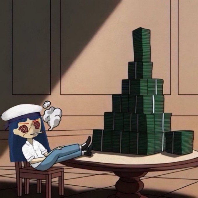 Anime-style illustration of a sailor (Yukari) lounging in a chair with spiral eyes in front of a tall pyramid stack of banded cash on a table.