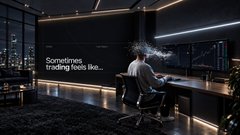 A man sits at a desk in a dimly lit office smoking, with a large monitor displaying the text 'Sometimes trading feels like...'.