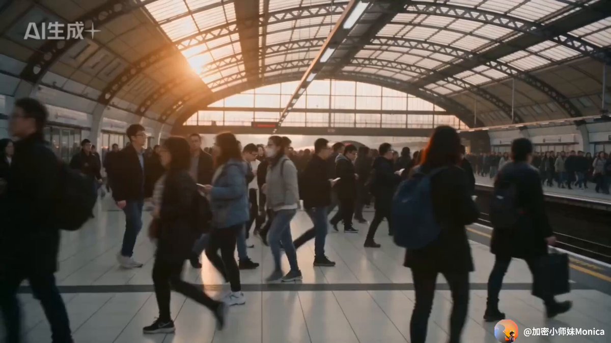 The image shows a crowded train station with many people walking around, some carrying backpacks or handbags. The sun is shining through an arched window above the platform, creating a warm atmosphere. A person wearing a backpack can be seen among the crowd, adding to the busy scene.