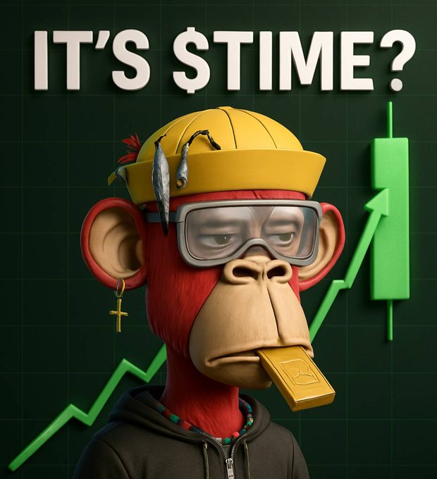 A 3D-rendered red monkey wearing a yellow hat, goggles, and a gold bar in its mouth, with the text 'IT'S $TIME?' and a green upward chart arrow.