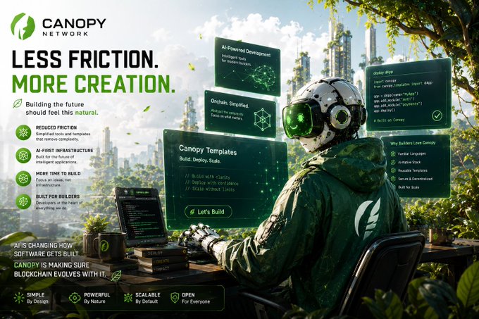 A promotional banner for 'CANOPY NETWORK' with the tagline 'LESS FRICTION. MORE CREATION.' showing a person in futuristic VR gear coding with floating UI panels.