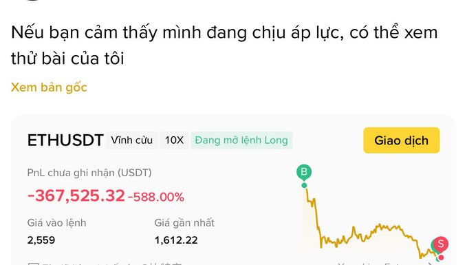 Vietnamese-language crypto trading screenshot showing an ETHUSDT perpetual 10X long position with an unrealized PnL of -367,525.32 USDT (-588.00%), entry price 2,559, last price 1,612.22.