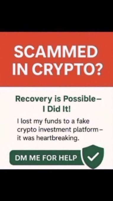 Scam advertisement graphic reading 'SCAMMED IN CRYPTO? Recovery is Possible – I Did It!' with a testimonial about fake crypto platforms and a green 'DM ME FOR HELP' button.