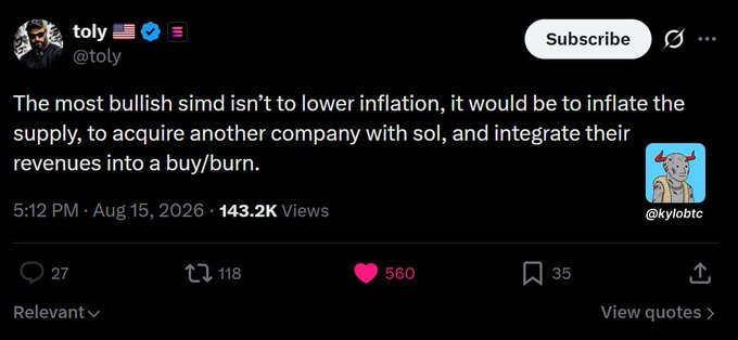 A tweet from toly (@toly) posted on Aug 15, 2026, stating 'The most bullish simd isn't to lower inflation, it would be to inflate the supply, to acquire another company with sol, and integrate their revenues into a buy/burn.' with 143.2K views.