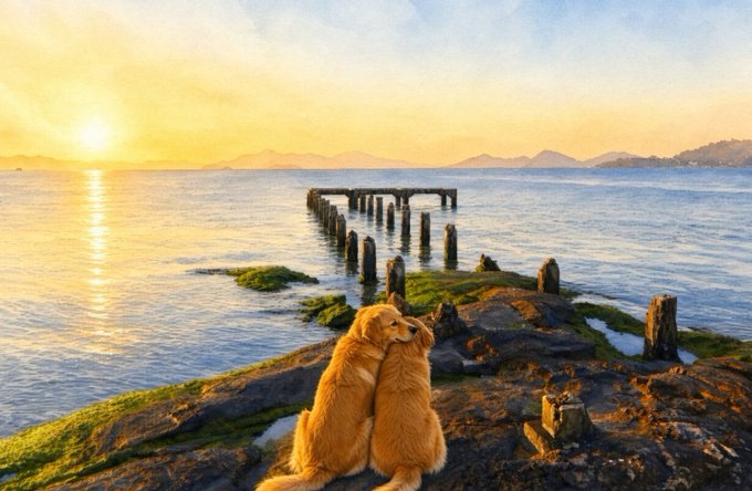 A scenic photograph of a golden retriever sitting on a rocky shore at sunset, with old wooden pier pilings extending into calm waters toward distant mountains.