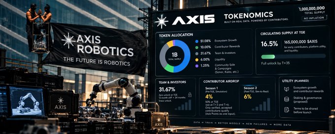 A promotional banner for 'AXIS ROBOTICS' with 'THE FUTURE IS ROBOTICS' and a detailed breakdown of their tokenomics including token allocation, circulating supply at TGE (16.5% / 165,000,000 $AXIS), team and investors, and contributor airdrop.
