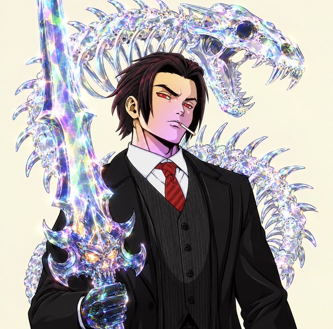 An anime-style illustration of a red-eyed man in a black suit and red tie smoking a cigarette, posed in front of an iridescent skeletal dragon holding a glowing, crystalline sword.