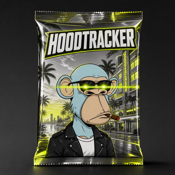 A product packaging design featuring a cartoon monkey wearing sunglasses, a leather jacket, and a cigar, labeled 'HOODTRACKER' with a Miami/urban sunset background.