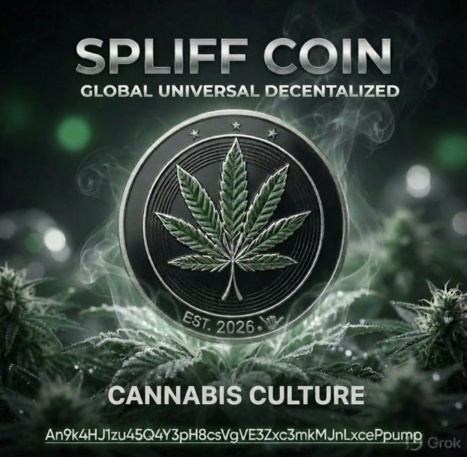 A promotional graphic for "Spliff Coin" featuring a metallic coin with a cannabis leaf design, steam rising from cannabis buds in the background, and text reading "SPLIFF COIN - GLOBAL UNIVERSAL DECENTALIZED" and "CANNABIS CULTURE," along with the contract address and "EST. 2026," visually reinforcing the post's pitch of a new cannabis-themed memecoin on Solana.