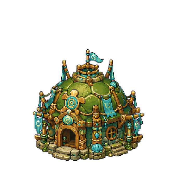 The image features a small, green house that appears to be made of wood with a dome roof. The house has multiple flags hanging from its sides, adding to its unique appearance. It seems to be part of a larger structure or village, as indicated by the caption "Town Hall reached level 4 in my SQUAD Village on @SquadVechain Paid with: 10 VET More buildings More on-chain grind. Powered by $SQUAD". The house is situated at the bottom center of the image and has a small window located near its entrance, providing some insight into its interior.
