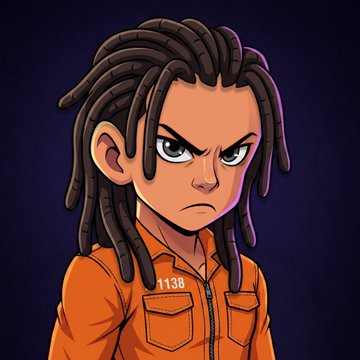 A chibi-style cartoon character with long brown dreadlocks wears an orange prison jumpsuit labeled "1138" and has a fierce, scowling expression. The image appears to be a stylized NFT avatar, likely connected to the collaboration between @Xeetersyn and @GreatescapeHQ_ mentioned in the post, possibly representing one of the project characters.