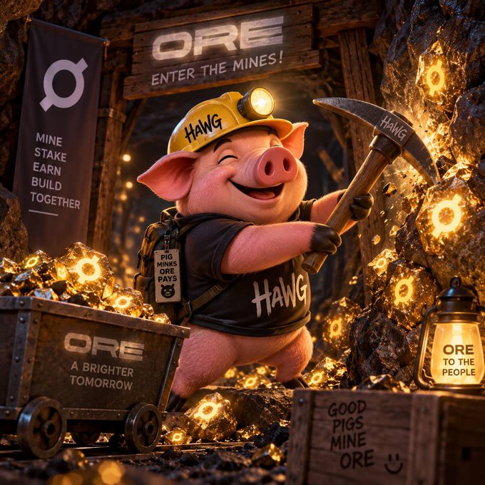 A 3D-rendered cartoon pig wearing a hard hat and shirt labeled 'HAWG' mines glowing gold 'ORE' in a cave, with signs reading 'ORE ENTER THE MINES!', 'MINE STAKE EARN BUILD TOGETHER', and 'GOOD PIGS MINE ORE'.