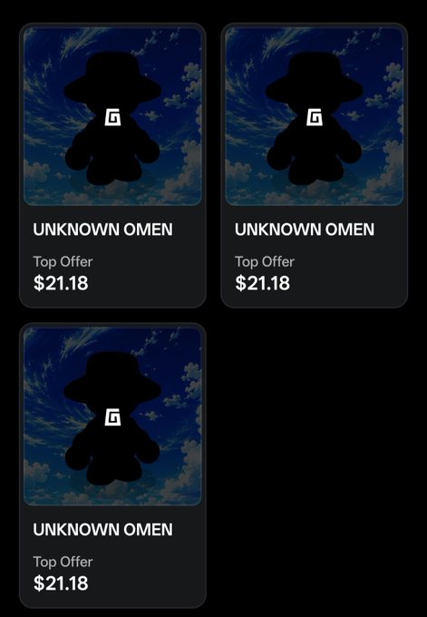 Three identical product listing cards display a hooded silhouette figure labeled 'UNKNOWN OMEN' with a 'Top Offer' of $21.18.